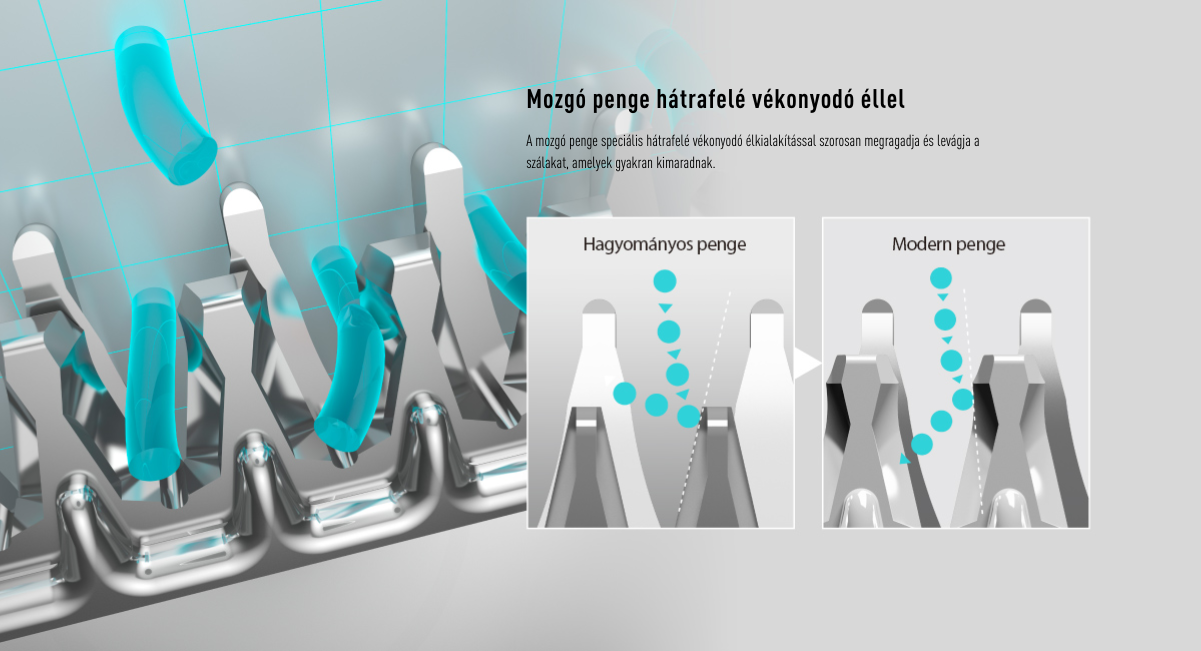 Mozgó penge hátrafelé vékonyodó éllel